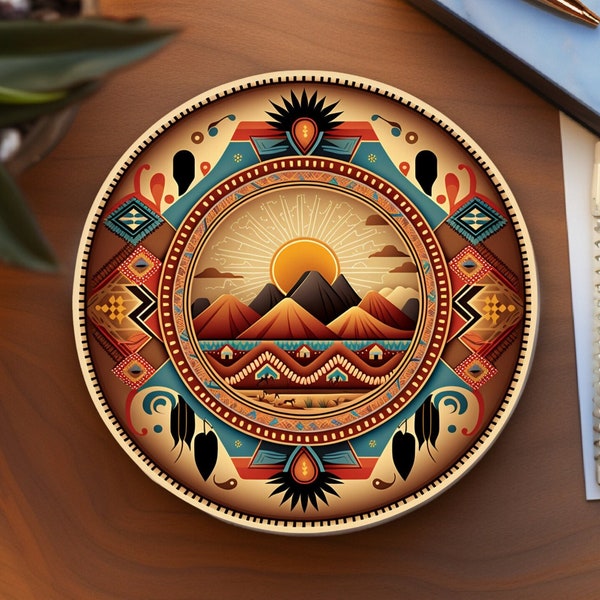 Southwest Design Coaster, Native American Decor, Ceramic Coaster, Coffee Table Decor, Cork Back Coaster, Aztec Home Decor, Round Ceramic