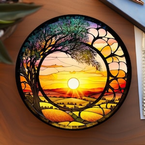 Sunrise Coaster, Stained Glass Design, Nature Lover Gift, Nature Home Decor, Ceramic Coasters, Eco-Friendly Home, Coffee Table Decor