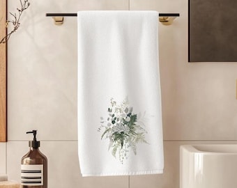 Botanical Hand Towel with Fern Print, Soft Cotton Terrycloth Bath Decor