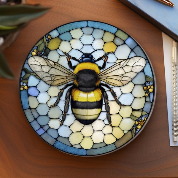Bee Coaster, Nature Lover Gift, Nature Inspired Home Decor, Stained Glass Design, Ceramic Coaster, Eco-Friendly Home, Coffee Table Decor