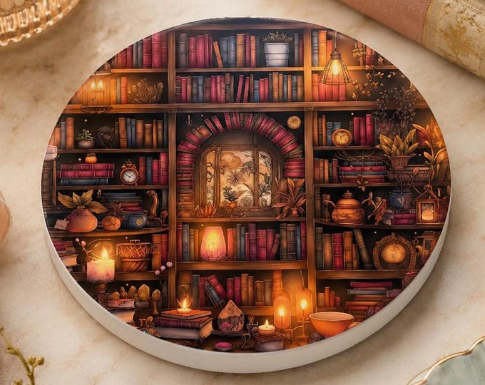 Reading Nook Accent Ceramic Coaster, Round Library Design