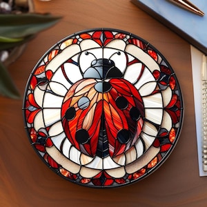 Sous-verre coccinelle, décoration d'intérieur inspirée de la nature, imitation de vitrail, sous-verre en céramique, dos en liège, déco de table basse, accessoire pour coin lecture