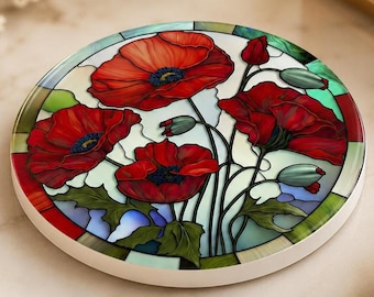 Red Poppy Coaster, Round Ceramic Drink Mat with Floral Design
