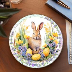 Springtime Bunny Ceramic Coaster, Easter Egg Design, Decorative White Coaster, Seasonal Home Decor, Perfect Easter Gift, Eco-Friendly Home