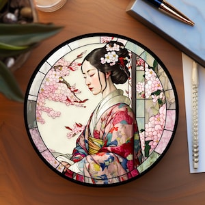 Japanese Woman Ceramic Coaster, Asian Art Home Decor, Cherry Blossom Gift for Tea Lovers, Reading Nook Accessory, Japanese Inspired Gift