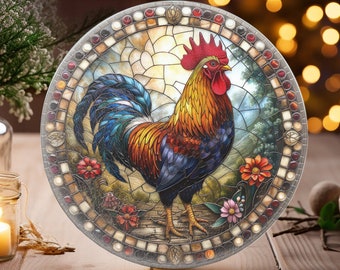 Rooster Cutting Board, Tempered Glass Charcuterie Board, Imitation Stained Glass, Kitchen Trivet, Farmhouse Kitchen, Rooster Kitchen Decor