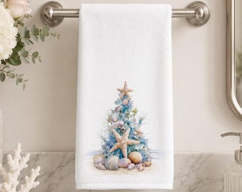 Seashell Hand Towel, Coastal Christmas Decor with Starfish Tree, 15 × 25 Inches