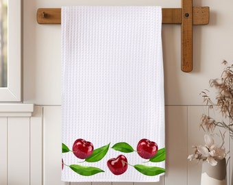 Cherry Kitchen Hand Towel, Cherry Border Towel, Red Kitchen Decor, Fruit Towel, Microfiber Waffle Weave Dish Towel