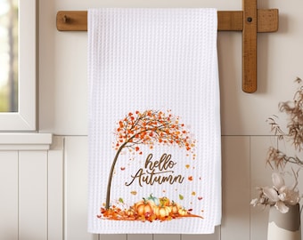 Hello Autumn Towel, Kitchen Towel, Fall Kitchen Decor, Farmhouse Kitchen, Fall Tea Towel, Falling Leaves, Farmhouse Hand Towel, Fall Towel