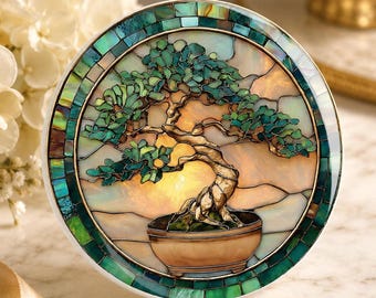 Bonsai Coaster, Ceramic Stained Glass Tree Art with Glossy or Matte Finish