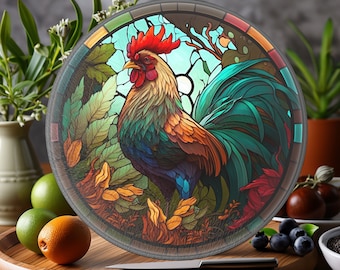 Rooster Cutting Board, Printed Stained Glass Image, Charcuterie Board, Serving Tray, Challah Board, Unique Wedding Gift, Tempered Glass