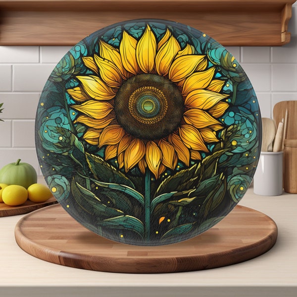 Sunflower Cutting Board, Tempered Glass, Functional Serving Tray, Charcuterie Board, Stained Glass Design, Unique Wedding Gift, Foodie Gift