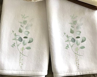Set of Two - Eucalyptus Fingertip Towels, Eucalyptus Bath Decor, Luxury Guest Towel, Elegant Bath Decor, Finger Towel Pair, Eucalyptus Home