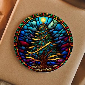 Ceramic Coaster, Printed Stained Glass Design, Christmas Tree, Barware & Kitchen Decor, Eco-Friendly Table, Holiday Gift, Christmas Table
