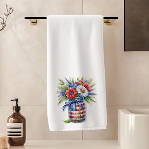 Patriotic Hand Towel, Americana Kitchen Decor, Red White Blue Flowers in Mason Jar, Independence Day Bathroom or Kitchen Towel, Summer Decor