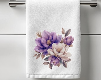 Handdoek met paarse bloemen: baddecor van polyester en katoenen badstof