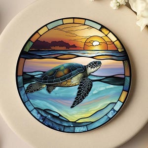 Turtle Coaster, Nature-Inspired Home Decor, Imitation Stained Glass Ceramic Coaster with Cork Back, Ocean Theme Sea Turtle, Coastal Decor