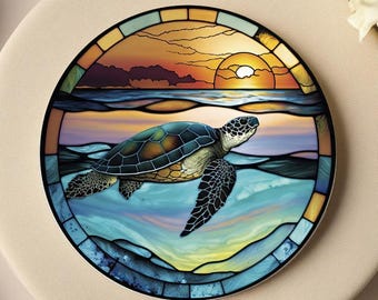 Turtle Coaster, Nature-Inspired Home Decor, Imitation Stained Glass Ceramic Coaster with Cork Back, Ocean Theme Sea Turtle, Coastal Decor