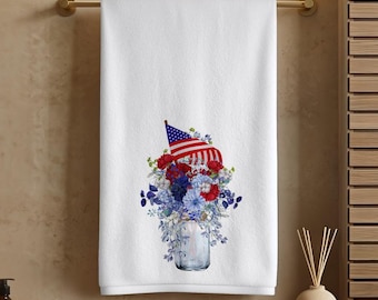 Patriotic Floral Hand Towel, Americana Bathroom Decor, Red White Blue Guest Bath Accent