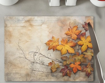 Autumn Leaves Glass Cutting Board, Fall Charcuterie Board, Rustic Serving Tray, Kitchen Decor Gift