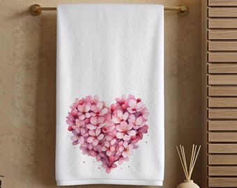 Heart Hand Towel, Pink Floral Bathroom Decor, Romantic Guest Towel, Valentine Bath Accent