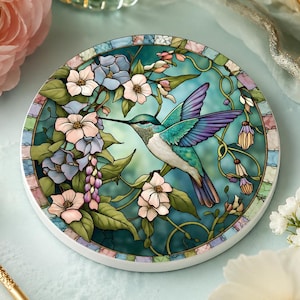 Hummingbird Floral Ceramic Coaster, Round Garden Drink Mat, Botanical Bird Decor
