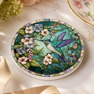 Posavasos de cerámica con diseño floral de colibrí, tapete redondo para bebidas de jardín, decoración botánica de aves.
