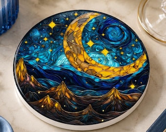 Halvmåne keramisk underlägg, himmelsk bergsdekor, blå natthimmel gåva