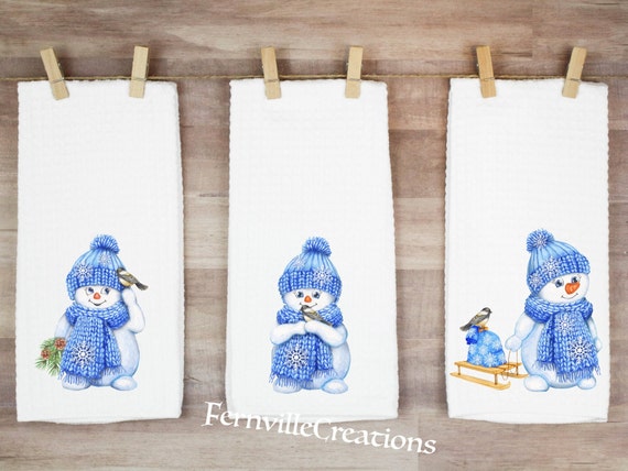 Winter Snowman Towel, Blue and White Towel, Winter Tea Towel
