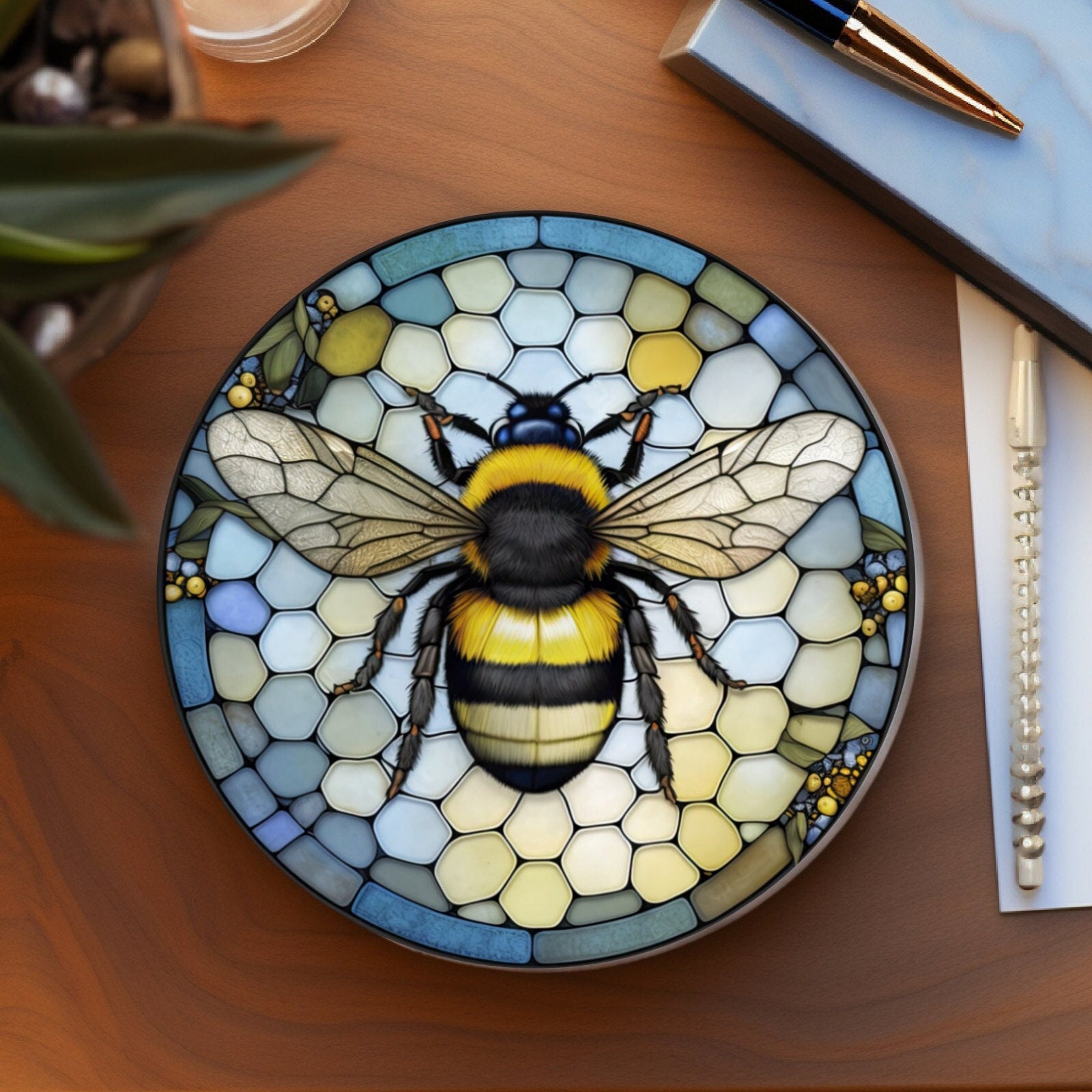 Bee Coaster, Nature Lover Gift, Nature Inspired Home Decor, Stained Glass Design, Ceramic Coaster, Eco-Friendly Home, Coffee Table Decor