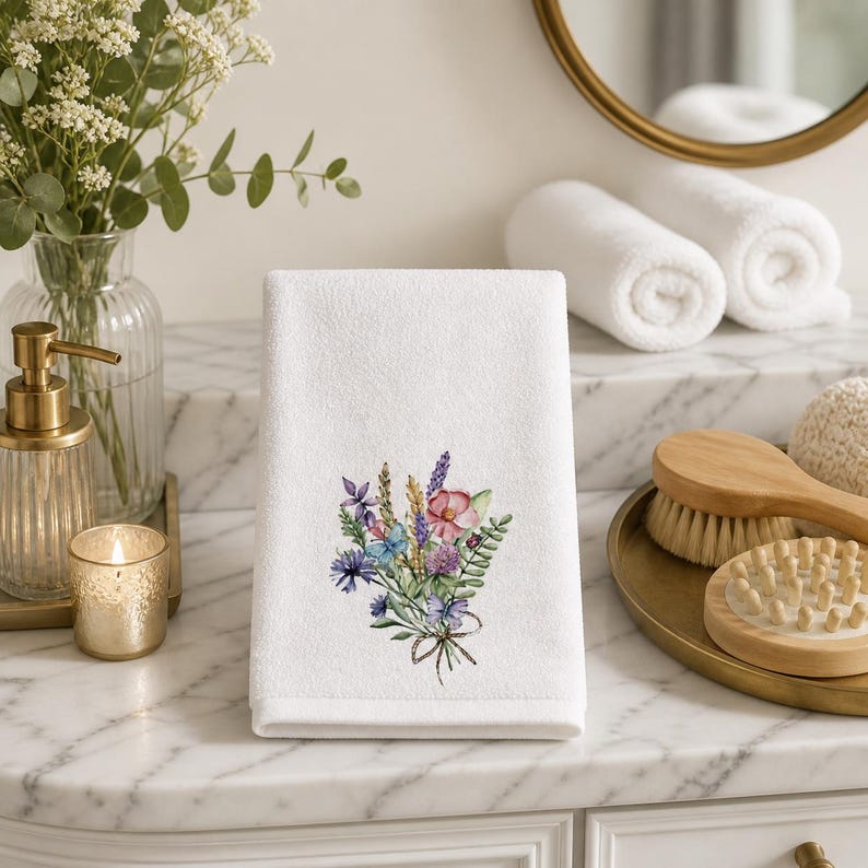 May include: White hand towel with a printed floral bouquet design. The bouquet features pink, purple, blue, and green flowers tied with a brown ribbon. The towel is displayed on a marble countertop.