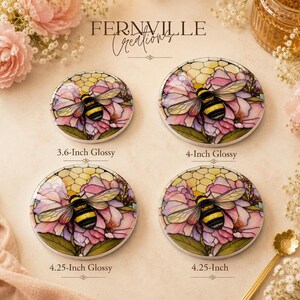 Four sizes of the ceramic coaster showcasing the bee and pink floral design, labeled with their dimensions and Fernville Creations branding.