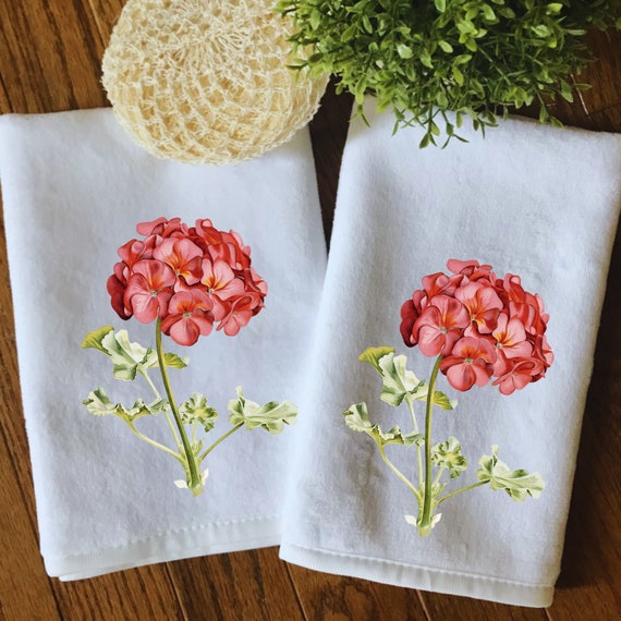 Set of Two Pink Geranium Finger Towels, Floral Hand Towels