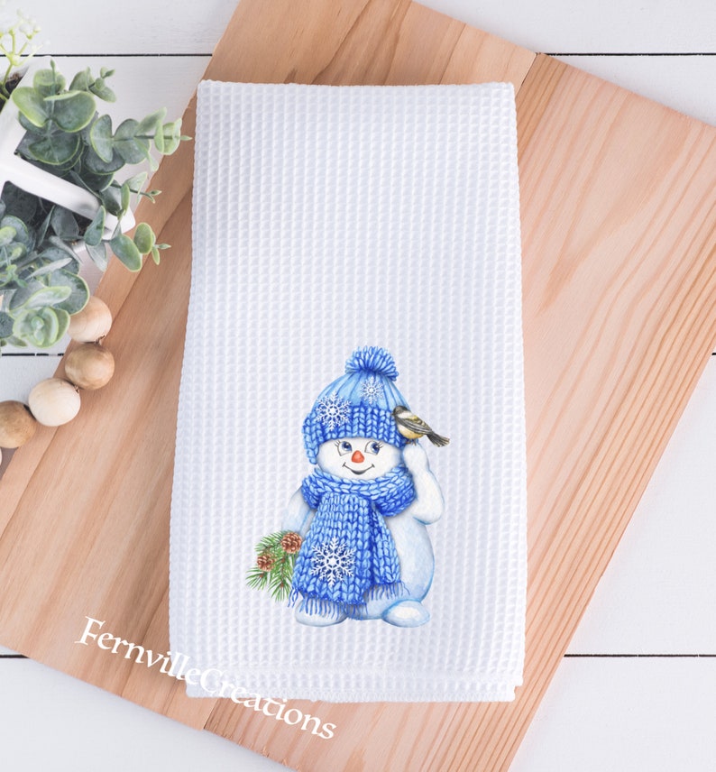 Winter Snowman Towel Blue and White Towel Winter Tea Towel Etsy