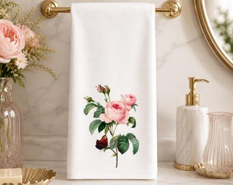 Powder Room Decor Pink Rose Hand Towel, Sheared Polyester Front, Cotton Terrycloth Back