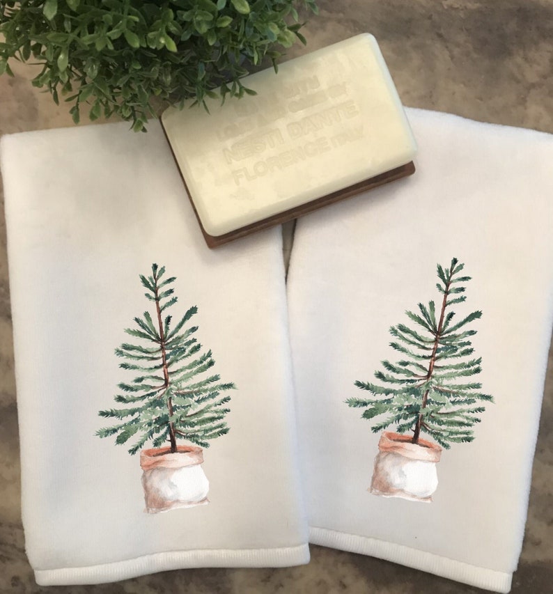 Tree Fingertip Towels, Guest Tea Towels, Decorative Tea Towels, Green Bath Decor, Kitchen Tea Towels, Winter Tea Towels, Holiday Tree Towels image 1
