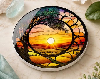 Sunrise Sunset Ceramic Coaster: Printed Design, Nature Home Decor