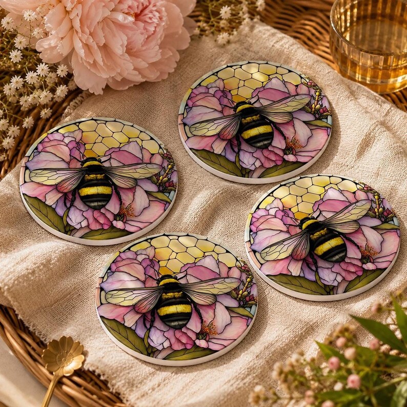 Four round ceramic coasters with identical bumblebee and pink floral designs arranged on a fabric-lined tray.