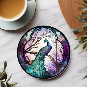 Peacock Coaster, Stained Glass Design, Nature Inspired Home Decor, Ceramic Coaster, Eco-Friendly Home, Coffee Table Decor, Cork Back Coaster image 8