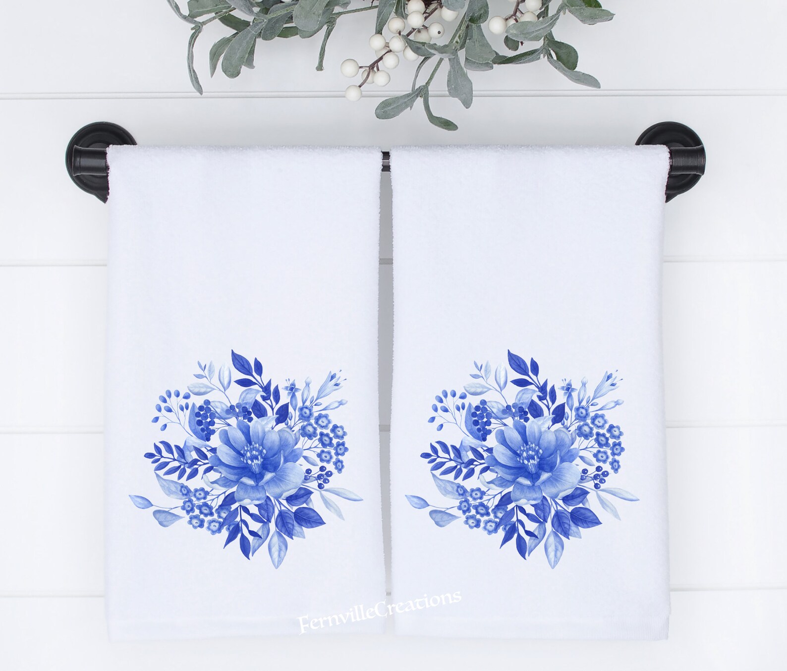 Blue Floral Hand Towel Pair Floral Hand Towels Porcelain Etsy
