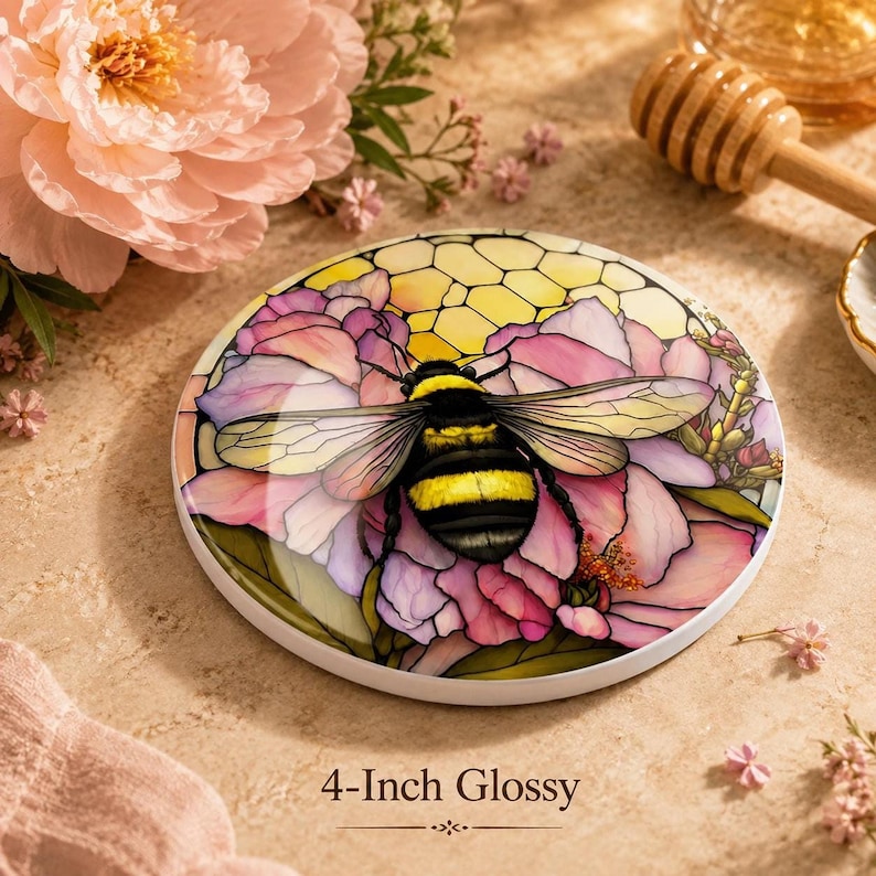 A 4-inch glossy ceramic coaster featuring a bumblebee on pink flowers, shown on a marble countertop with text reading 4-Inch Glossy.