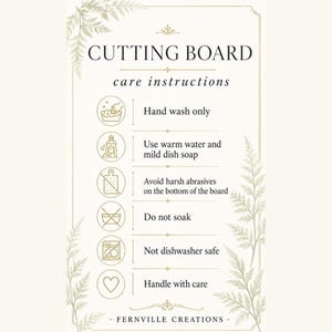 Informational graphic outlining cutting board care instructions including hand wash only, do not soak, and handle with care.