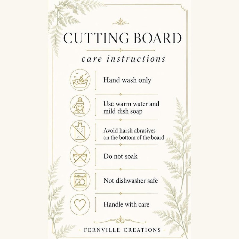 Informational graphic outlining cutting board care instructions including hand wash only, do not soak, and handle with care.