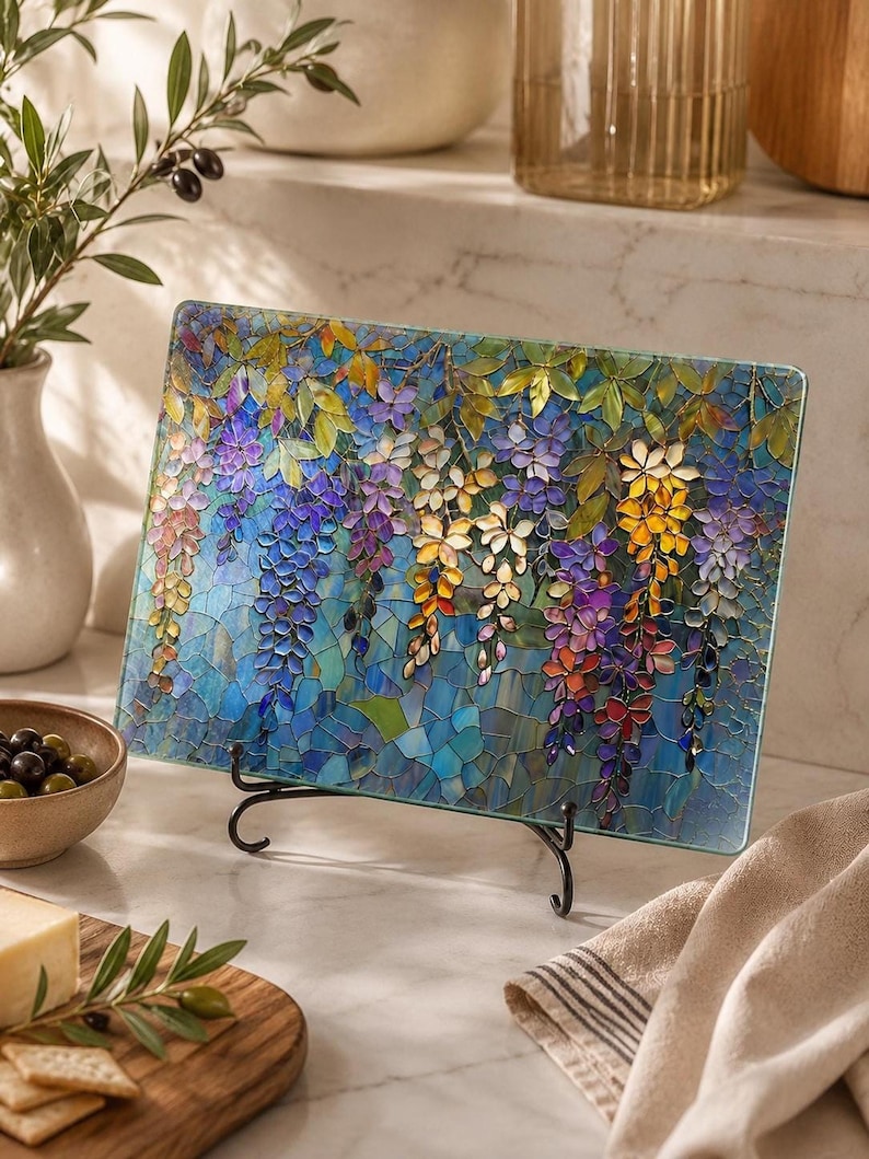 A rectangular glass cutting board with a stained-glass wisteria design stands on a black metal display stand on a white marble counter, with a cheese board nearby.