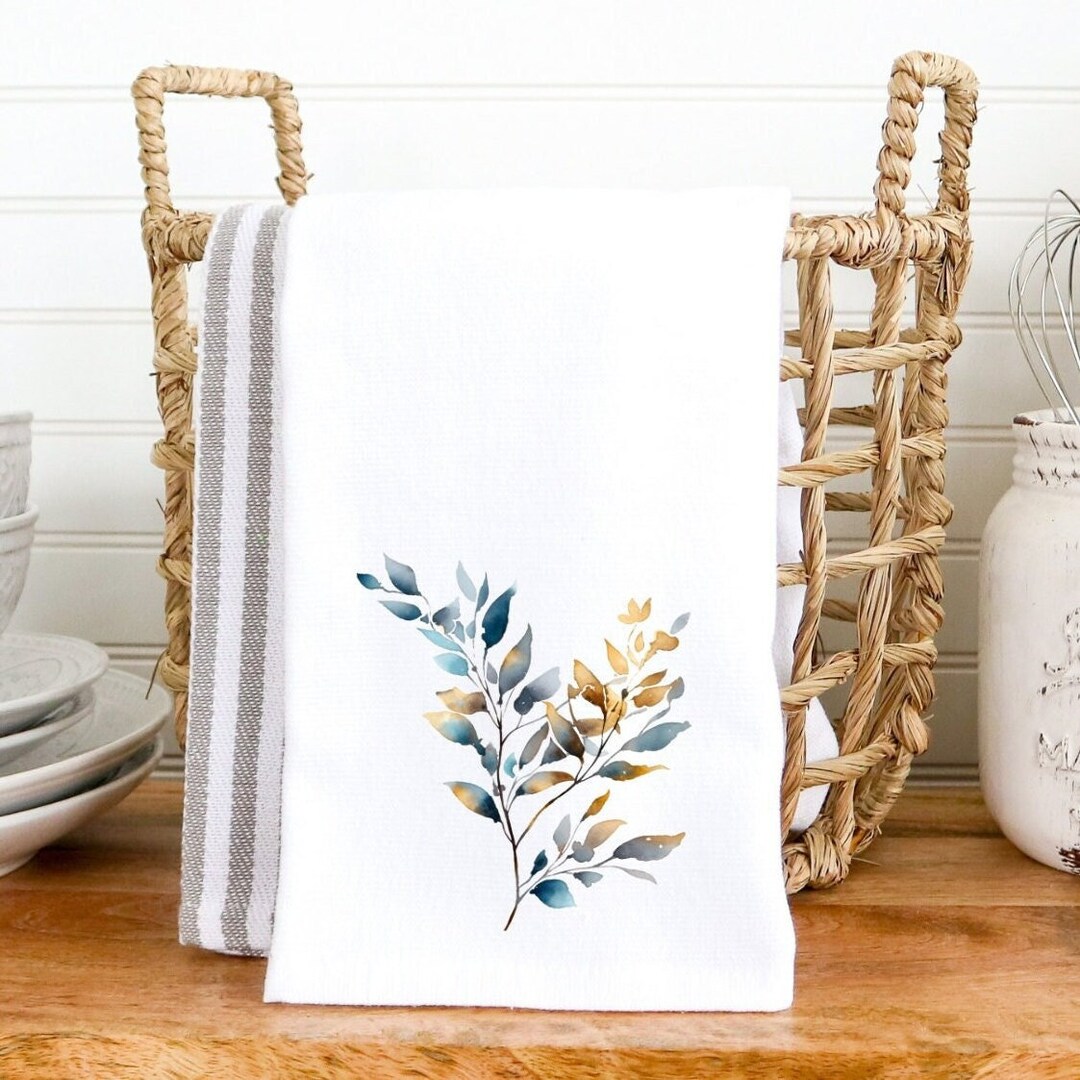 Blue Bathroom Decor, Blue & Gold Botanical Towel, Nature Home Decor