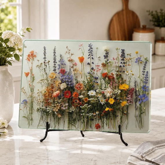 Glass Cutting Board, Wildflower Serving Tray, 8x11 or 11x15 Inches