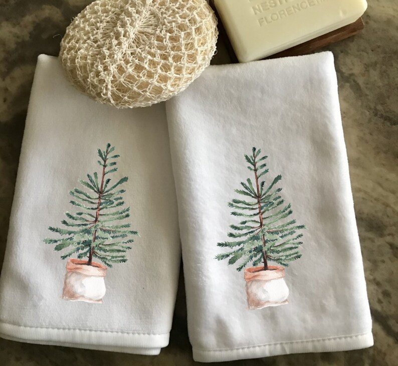 Tree Fingertip Towels, Guest Tea Towels, Decorative Tea Towels, Green Bath Decor, Kitchen Tea Towels, Winter Tea Towels, Holiday Tree Towels image 4