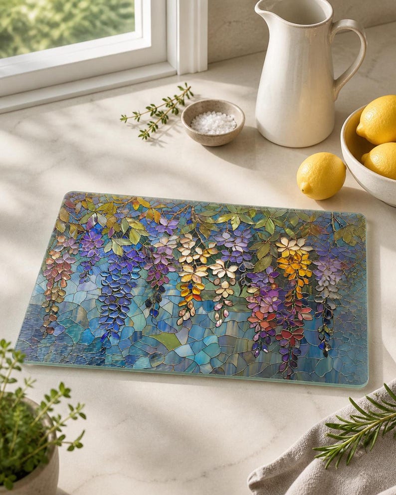 A rectangular glass cutting board with a stained-glass wisteria design rests on a white counter next to a white pitcher, a bowl of lemons, and salt.