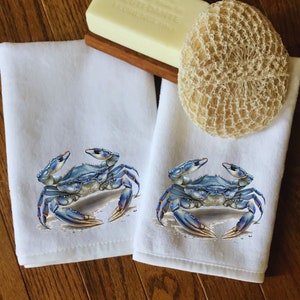Set of Two Blue Crab Fingertip Towels, Nautical Bath Decor, Blue Crab ...