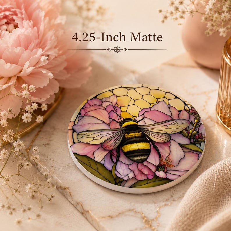 A 4.25-inch matte ceramic coaster displaying a bumblebee and pink floral artwork, set on a marble surface with text reading 4.25-Inch Matte.